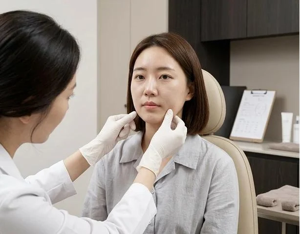 Un médecin palpant les joues et l’ovale du visage d’une patiente pour évaluer sa peau