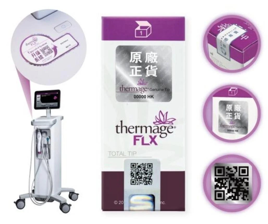Emballage d’un embout Thermage FLX authentique avec étiquette d’authentification et QR code